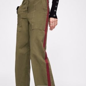 Zara Green Cargo Pants with Red Stripes On Sides